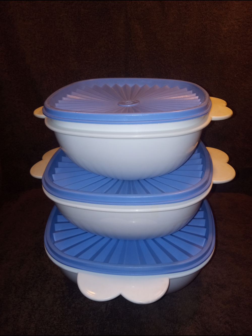 Tupperware White Bowls with Blue Lids Stackable Set 13, 10 And 6.5 CUP